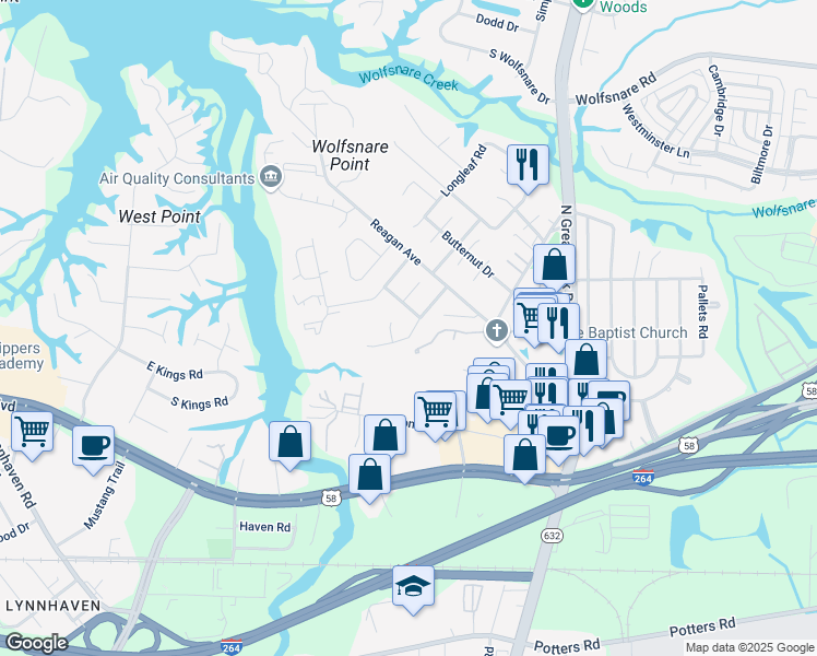 map of restaurants, bars, coffee shops, grocery stores, and more near 455 Lake Havasu Drive in Virginia Beach