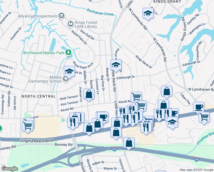 map of restaurants, bars, coffee shops, grocery stores, and more near 437 Mango Dr in Virginia Beach