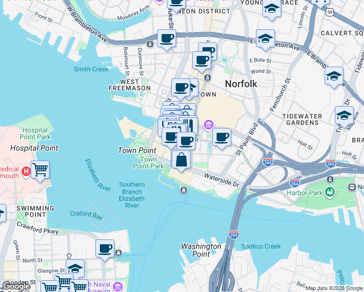 map of restaurants, bars, coffee shops, grocery stores, and more near 204 East Main Street in Norfolk