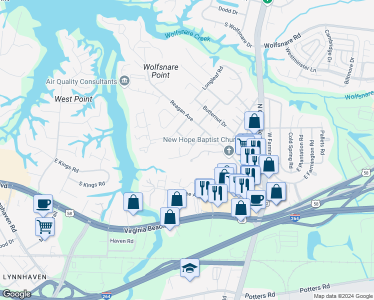 map of restaurants, bars, coffee shops, grocery stores, and more near 455 Lake Havasu Drive in Virginia Beach