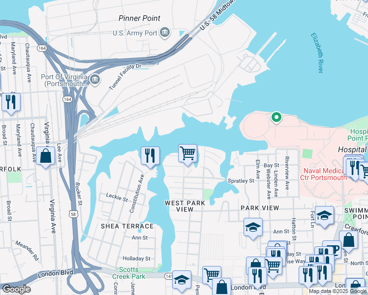 map of restaurants, bars, coffee shops, grocery stores, and more near 1708 Bradford Terrace in Portsmouth