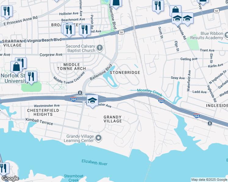 map of restaurants, bars, coffee shops, grocery stores, and more near 3119 Lakebridge Drive in Norfolk