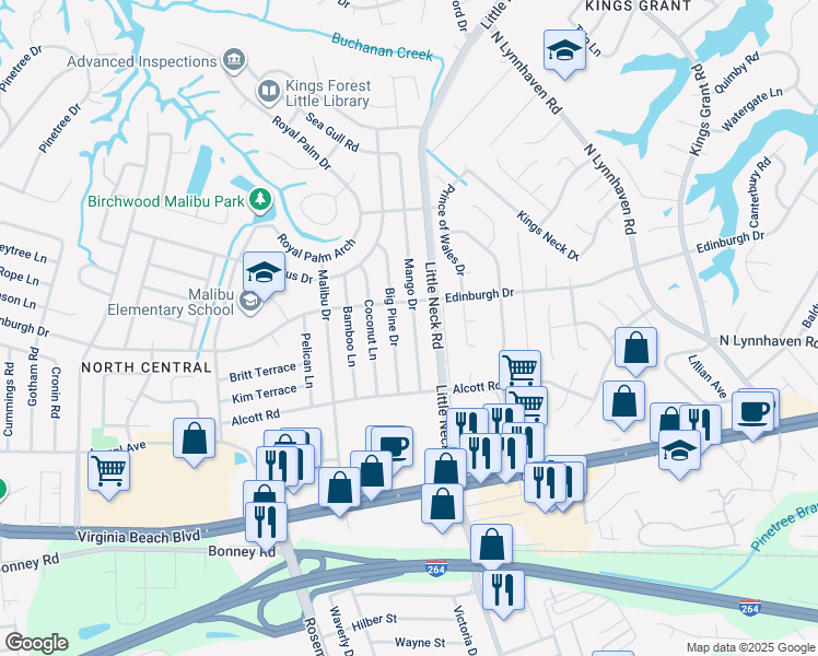 map of restaurants, bars, coffee shops, grocery stores, and more near 437 Mango Drive in Virginia Beach