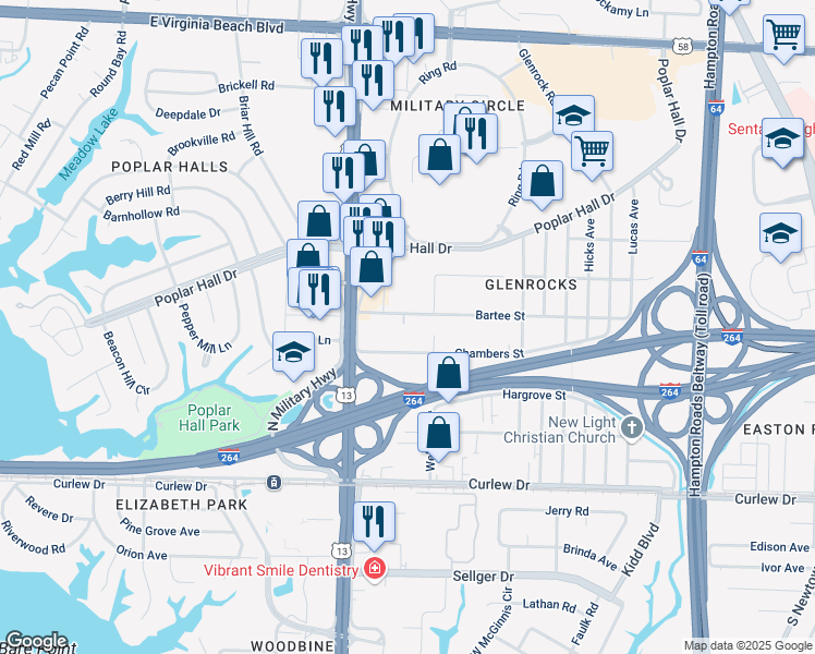 map of restaurants, bars, coffee shops, grocery stores, and more near 5747 Bartee Street in Norfolk
