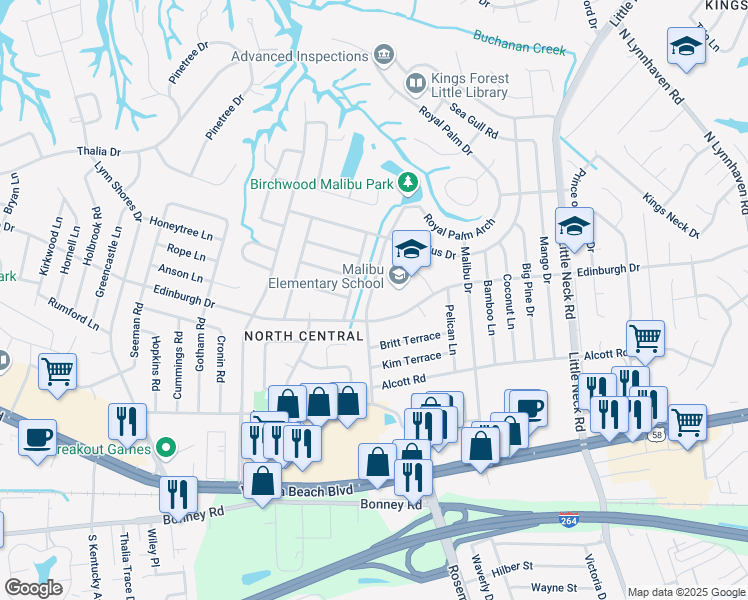 map of restaurants, bars, coffee shops, grocery stores, and more near 3656 Edinburgh Drive in Virginia Beach
