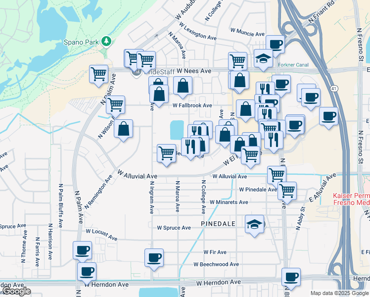 map of restaurants, bars, coffee shops, grocery stores, and more near 400-402 West Bedford Avenue in Fresno