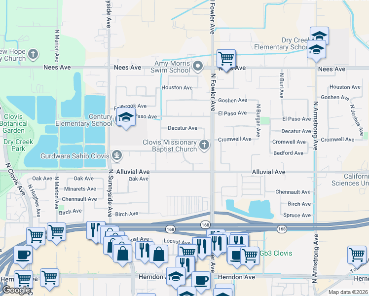 map of restaurants, bars, coffee shops, grocery stores, and more near 1700 Bedford Avenue in Clovis