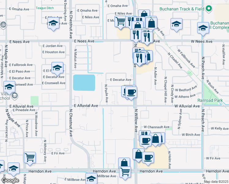 map of restaurants, bars, coffee shops, grocery stores, and more near 2792 East Alluvial Avenue in Clovis
