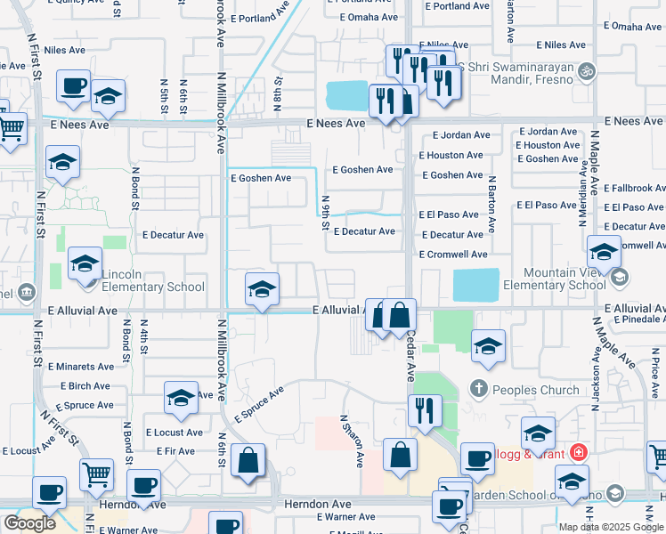 map of restaurants, bars, coffee shops, grocery stores, and more near 1306 East Bedford Avenue in Fresno