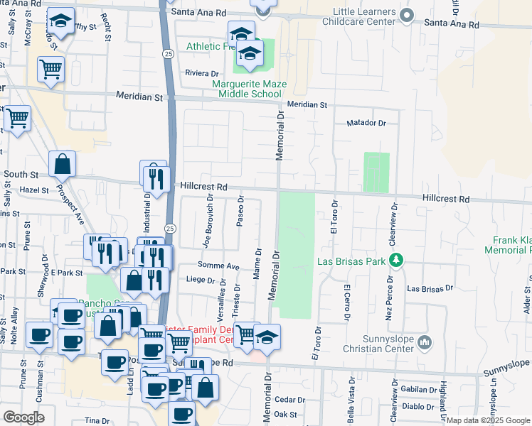 map of restaurants, bars, coffee shops, grocery stores, and more near 891 Marne Drive in Hollister