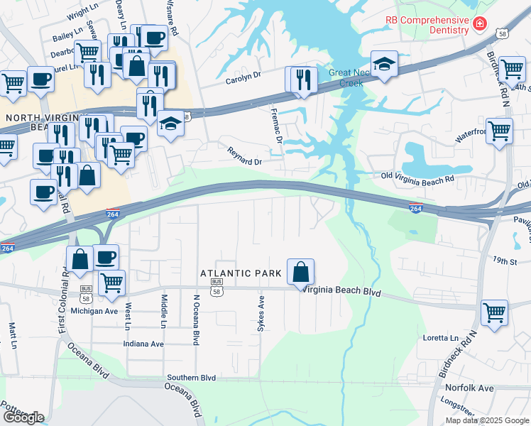 map of restaurants, bars, coffee shops, grocery stores, and more near 456 Rudder Road in Virginia Beach