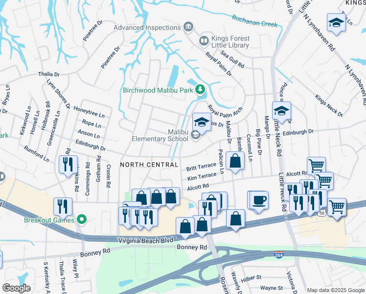 map of restaurants, bars, coffee shops, grocery stores, and more near 3656 Edinburgh Drive in Virginia Beach