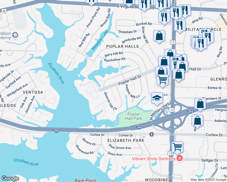 map of restaurants, bars, coffee shops, grocery stores, and more near 480 Beacon Hill Circle in Norfolk