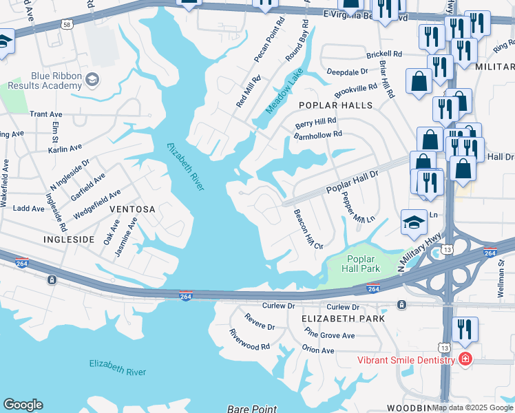 map of restaurants, bars, coffee shops, grocery stores, and more near 589 Stuart Circle in Norfolk