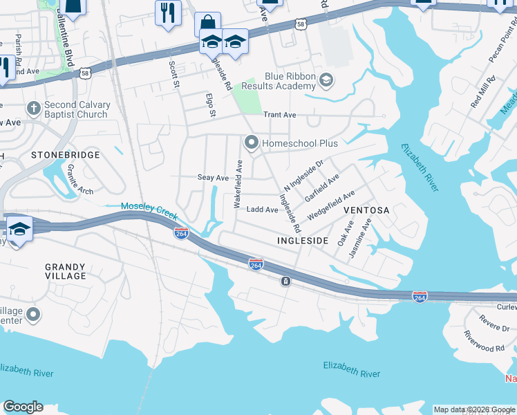 map of restaurants, bars, coffee shops, grocery stores, and more near 3581 Ladd Avenue in Norfolk