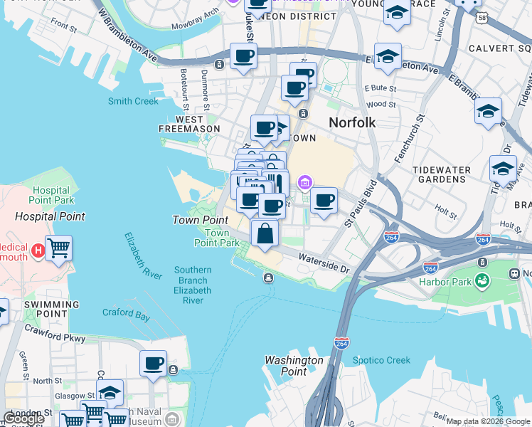 map of restaurants, bars, coffee shops, grocery stores, and more near 204 East Main Street in Norfolk
