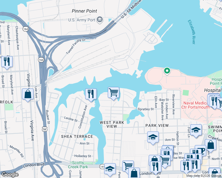 map of restaurants, bars, coffee shops, grocery stores, and more near 1708 Bradford Terrace in Portsmouth