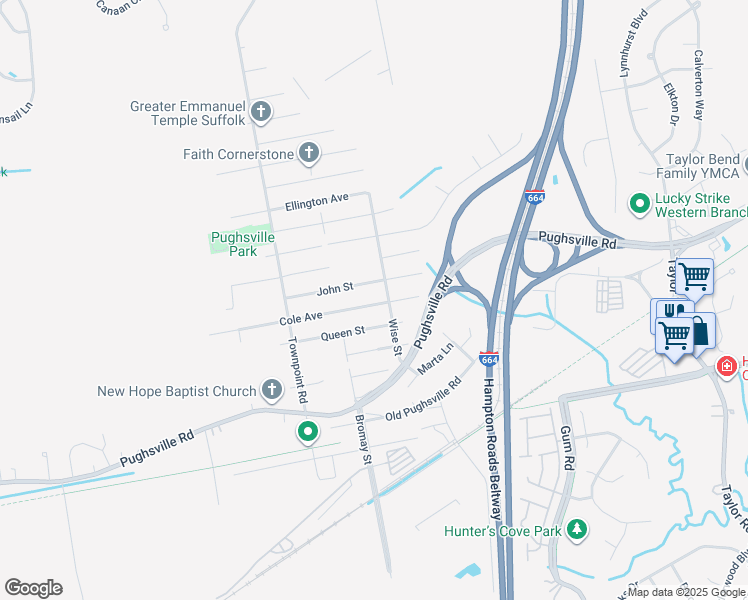 map of restaurants, bars, coffee shops, grocery stores, and more near 4513 Cole Avenue in Suffolk