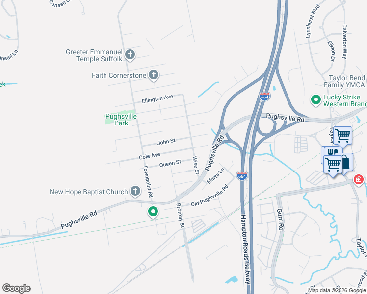 map of restaurants, bars, coffee shops, grocery stores, and more near 4513 Cole Avenue in Suffolk