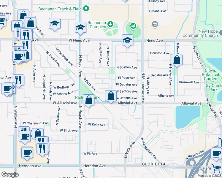 map of restaurants, bars, coffee shops, grocery stores, and more near 875 North Homsy Avenue in Clovis
