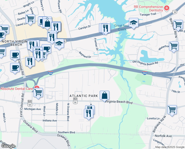 map of restaurants, bars, coffee shops, grocery stores, and more near 473 Gary Avenue in Virginia Beach