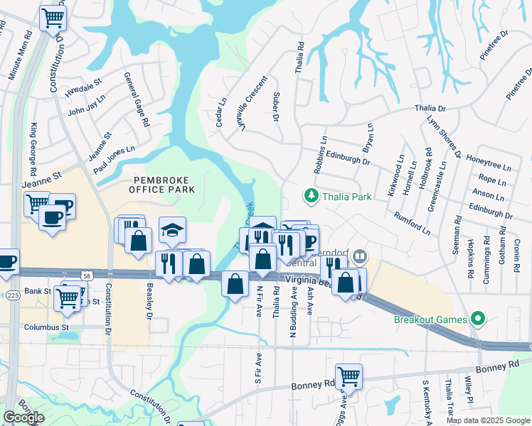 map of restaurants, bars, coffee shops, grocery stores, and more near 421 Thalia Road in Virginia Beach