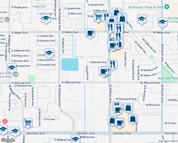 map of restaurants, bars, coffee shops, grocery stores, and more near 2792 East Alluvial Avenue in Clovis
