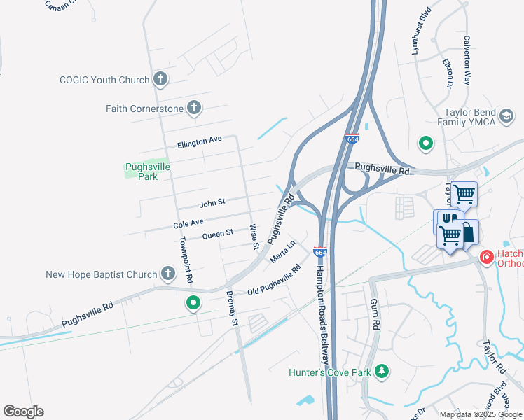 map of restaurants, bars, coffee shops, grocery stores, and more near 5021 James Street in Chesapeake
