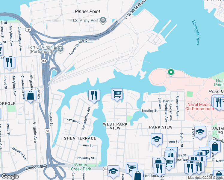 map of restaurants, bars, coffee shops, grocery stores, and more near 1708 Bradford Terrace in Portsmouth