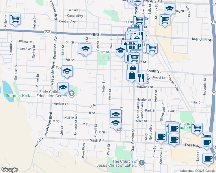 map of restaurants, bars, coffee shops, grocery stores, and more near 906 West Street in Hollister