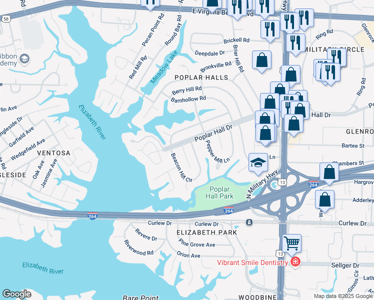 map of restaurants, bars, coffee shops, grocery stores, and more near 480 Beacon Hill Circle in Norfolk