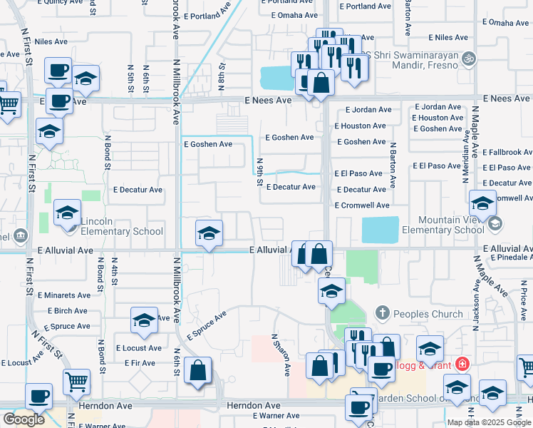 map of restaurants, bars, coffee shops, grocery stores, and more near 1306 East Bedford Avenue in Fresno