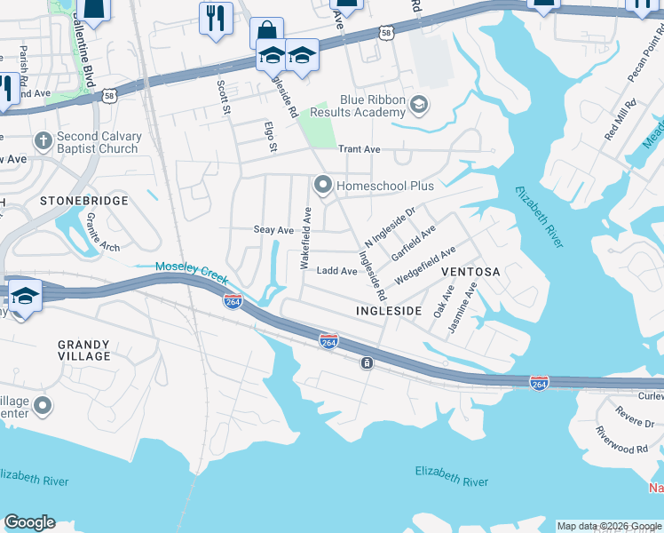 map of restaurants, bars, coffee shops, grocery stores, and more near 3581 Ladd Avenue in Norfolk
