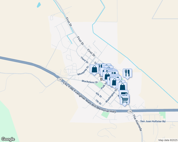 map of restaurants, bars, coffee shops, grocery stores, and more near 802 Marentis Court in San Juan Bautista