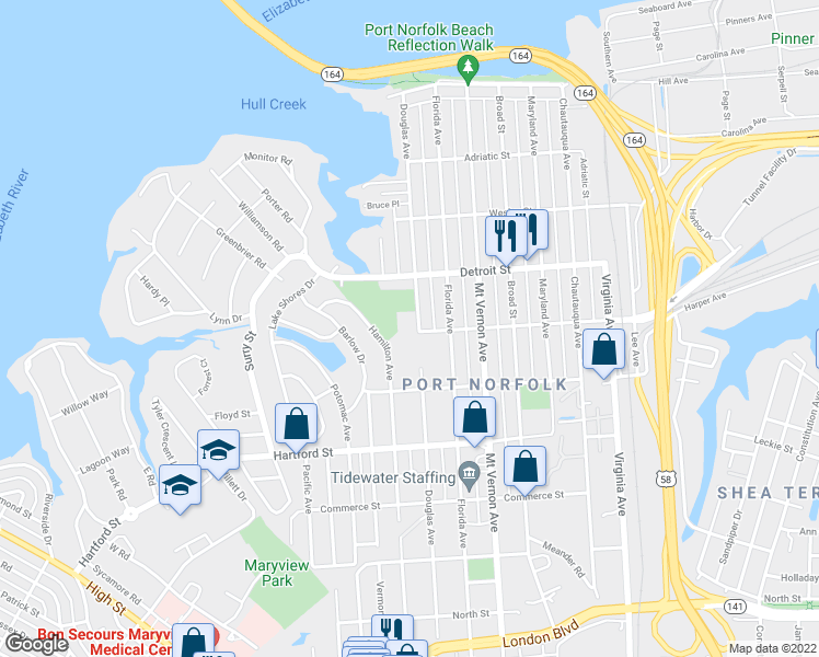 map of restaurants, bars, coffee shops, grocery stores, and more near 454 Douglas Avenue in Portsmouth