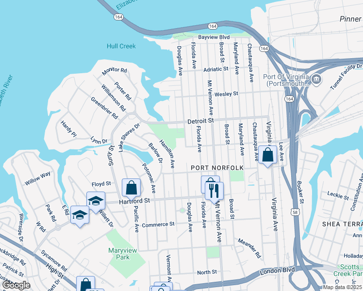 map of restaurants, bars, coffee shops, grocery stores, and more near 454 Douglas Avenue in Portsmouth