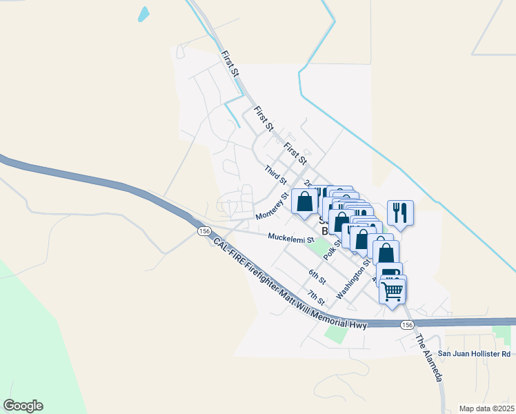 map of restaurants, bars, coffee shops, grocery stores, and more near 46 Church Street in San Juan Bautista