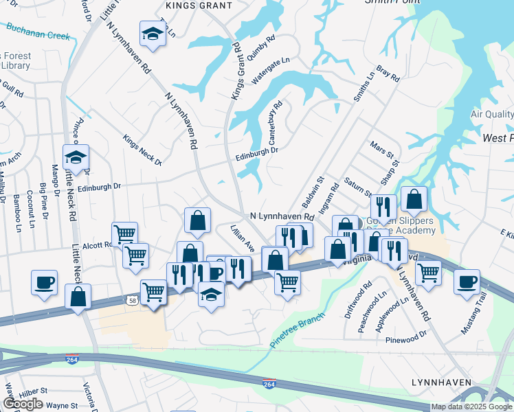 map of restaurants, bars, coffee shops, grocery stores, and more near 405 Leffler Lane in Virginia Beach