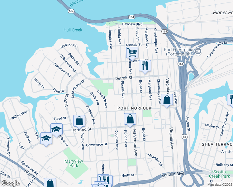 map of restaurants, bars, coffee shops, grocery stores, and more near 459 Douglas Avenue in Portsmouth