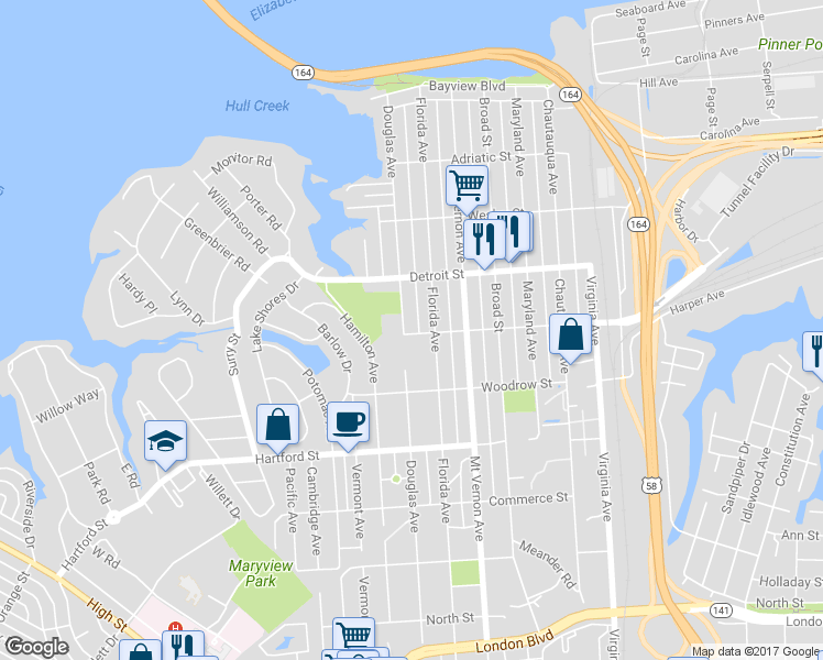 map of restaurants, bars, coffee shops, grocery stores, and more near 459 Douglas Avenue in Portsmouth