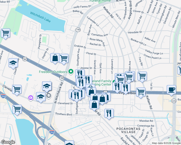 map of restaurants, bars, coffee shops, grocery stores, and more near 333 Dorset Avenue in Virginia Beach