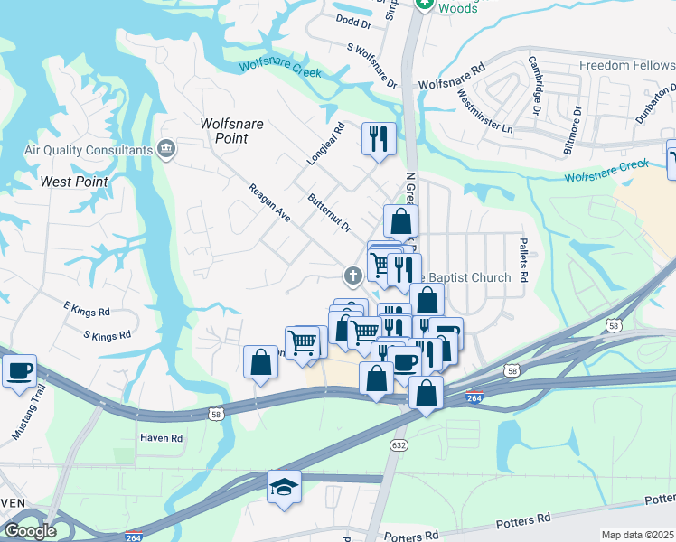 map of restaurants, bars, coffee shops, grocery stores, and more near 329 Sunflower Court in Virginia Beach