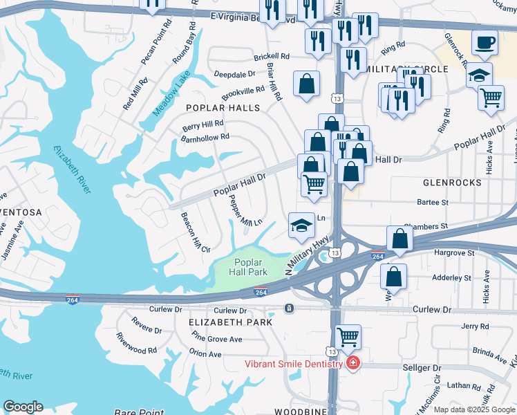map of restaurants, bars, coffee shops, grocery stores, and more near 404 Poplar Hall Circle in Norfolk