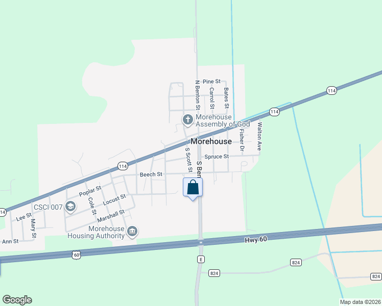 map of restaurants, bars, coffee shops, grocery stores, and more near 603 North Benton Street in Morehouse