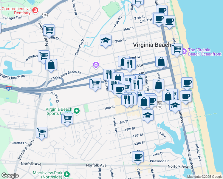 map of restaurants, bars, coffee shops, grocery stores, and more near in Virginia Beach