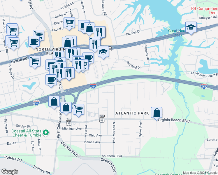 map of restaurants, bars, coffee shops, grocery stores, and more near 1516 Ocean Garden Street in Virginia Beach