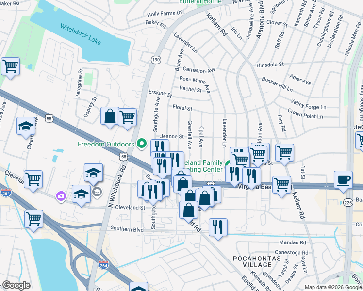 map of restaurants, bars, coffee shops, grocery stores, and more near 333 Dorset Avenue in Virginia Beach