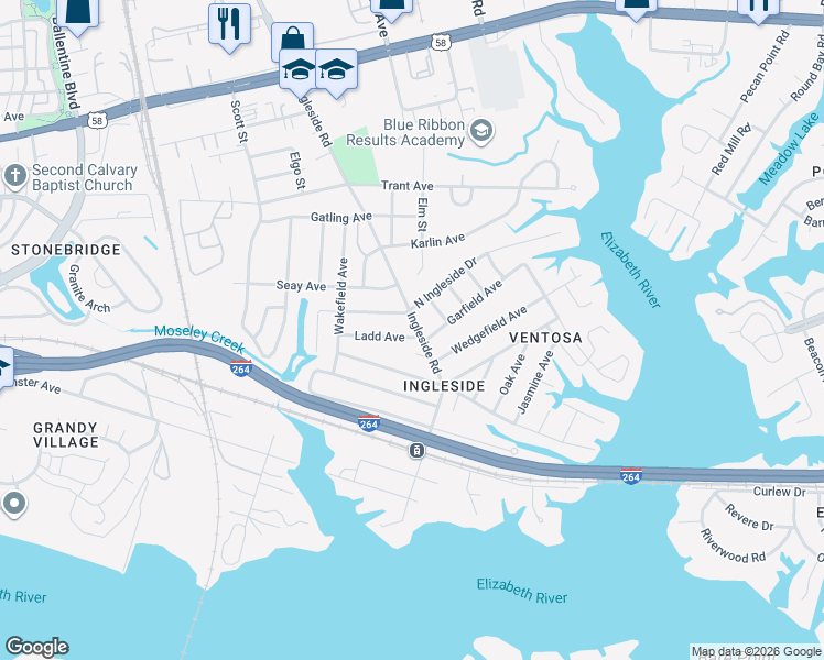 map of restaurants, bars, coffee shops, grocery stores, and more near 830 Ingleside Road in Norfolk