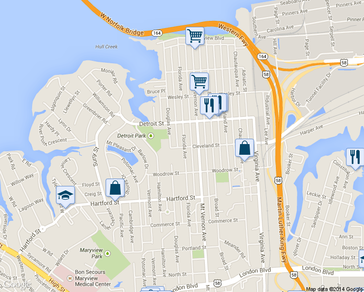 map of restaurants, bars, coffee shops, grocery stores, and more near 508 Florida Avenue in Portsmouth