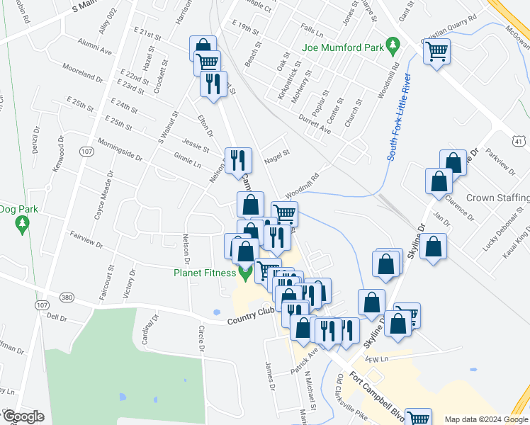 map of restaurants, bars, coffee shops, grocery stores, and more near 2518 Fort Campbell Blvd in Hopkinsville